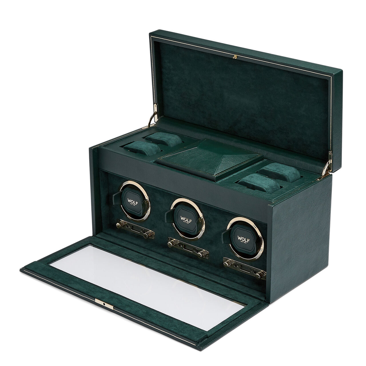 WOLF British Racing Green 3 Piece Watch Winder with Storage Side image number 2